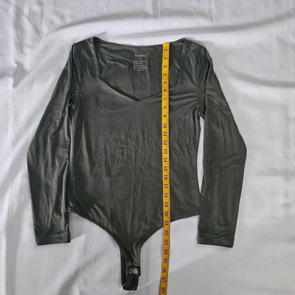 Reoria Women's Gray/Green Sweetheart Neck Long Sleeve Thong Bodysuit Size Large - Picture 10 of 11